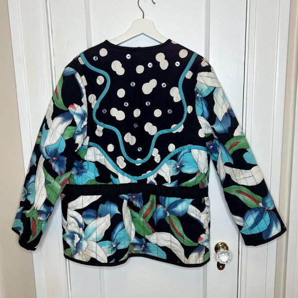 Quilted Floral Open Cotton Jacket - L - Polka Dots, Buttons, Drawstring Waist - Picture 2 of 8
